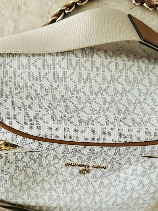 Michael Kors Cream White Logo-Print Crossbody with Tan Trim - Picture 11 of 13